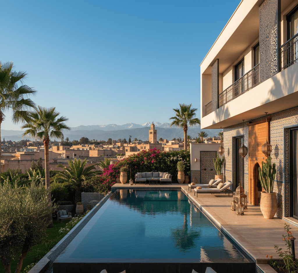 Villa marocaine moderne avec piscine et jardin, illustrant l’investissement dans l’immobilier au Maroc