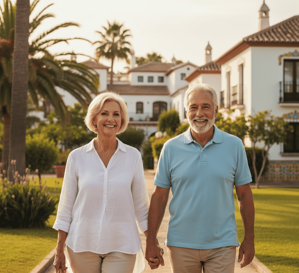 Couple de retraités souriants marchant dans un parc espagnol, illustrant l’Acquisition Espagne : prêt hypothécaire.
