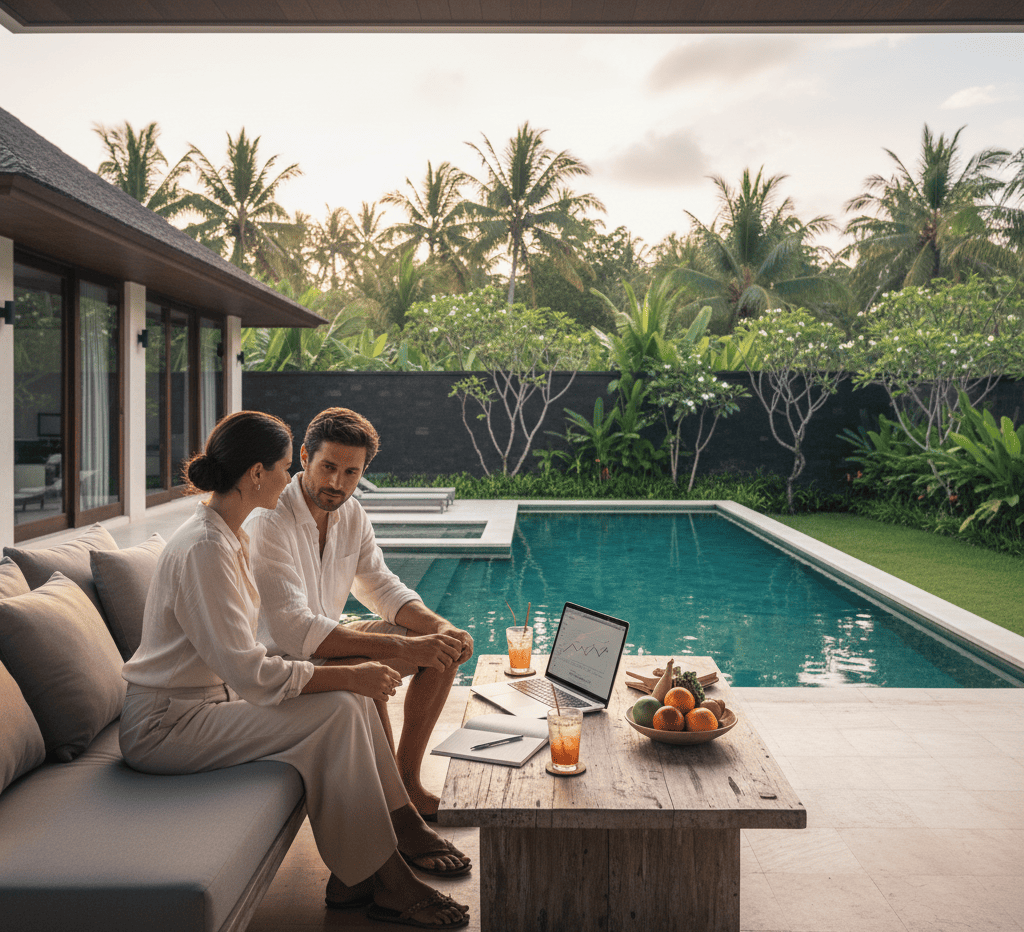 Un couple français consulte un ordinateur portable sur la terrasse d’une villa moderne à Bali, utilisant un prêt hypothécaire pour acheter à Bali pour financer leur bien.