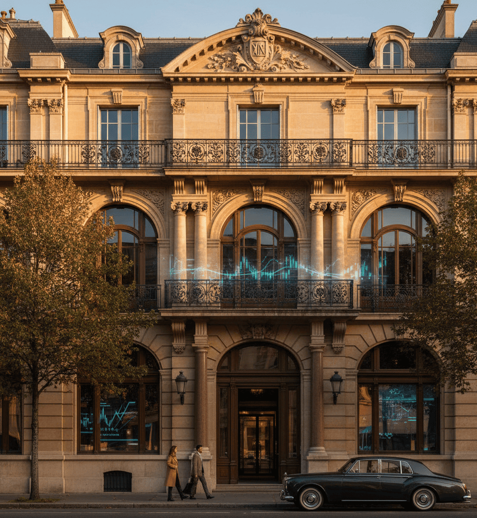 Bâtiment en pierre de style haussmannien symbolisant la solidité du patrimoine en France, représentant la pierre comme fondation de la richesse immobilière et financière
