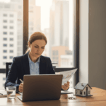 Dirigeante d'entreprise concentrée sur l'évaluation des options de financement : documents officiels et impact du Prêt hypothécaire sur le compte courant d’associé affiché sur l'écran. Ambiance professionnelle.