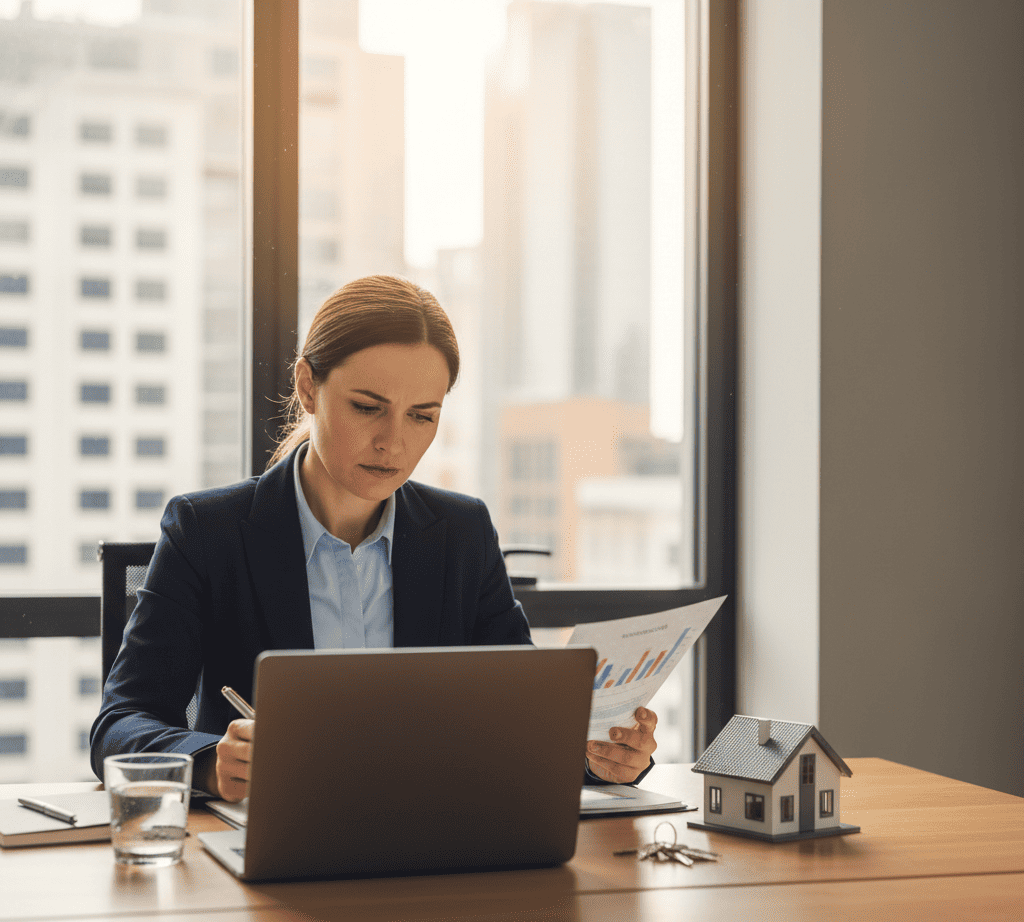 Dirigeante d'entreprise concentrée sur l'évaluation des options de financement : documents officiels et impact du Prêt hypothécaire sur le compte courant d’associé affiché sur l'écran. Ambiance professionnelle.