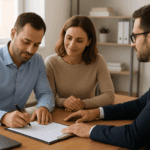 Un propriétaire signant un contrat de prêt hypothécaire pour rembourser ses dettes dans un bureau lumineux avec un conseiller.