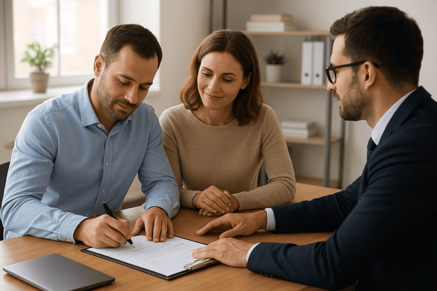 Un propriétaire signant un contrat de prêt hypothécaire pour rembourser ses dettes dans un bureau lumineux avec un conseiller.