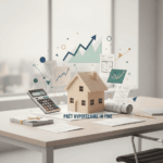 Miniature de maison sur un bureau avec calculatrice et graphiques flottants, illustrant un prêt hypothécaire in fine.