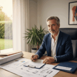 Propriétaire utilisant un prêt hypothécaire pour réaliser une donation, avec documents et plan immobilier sur la table.