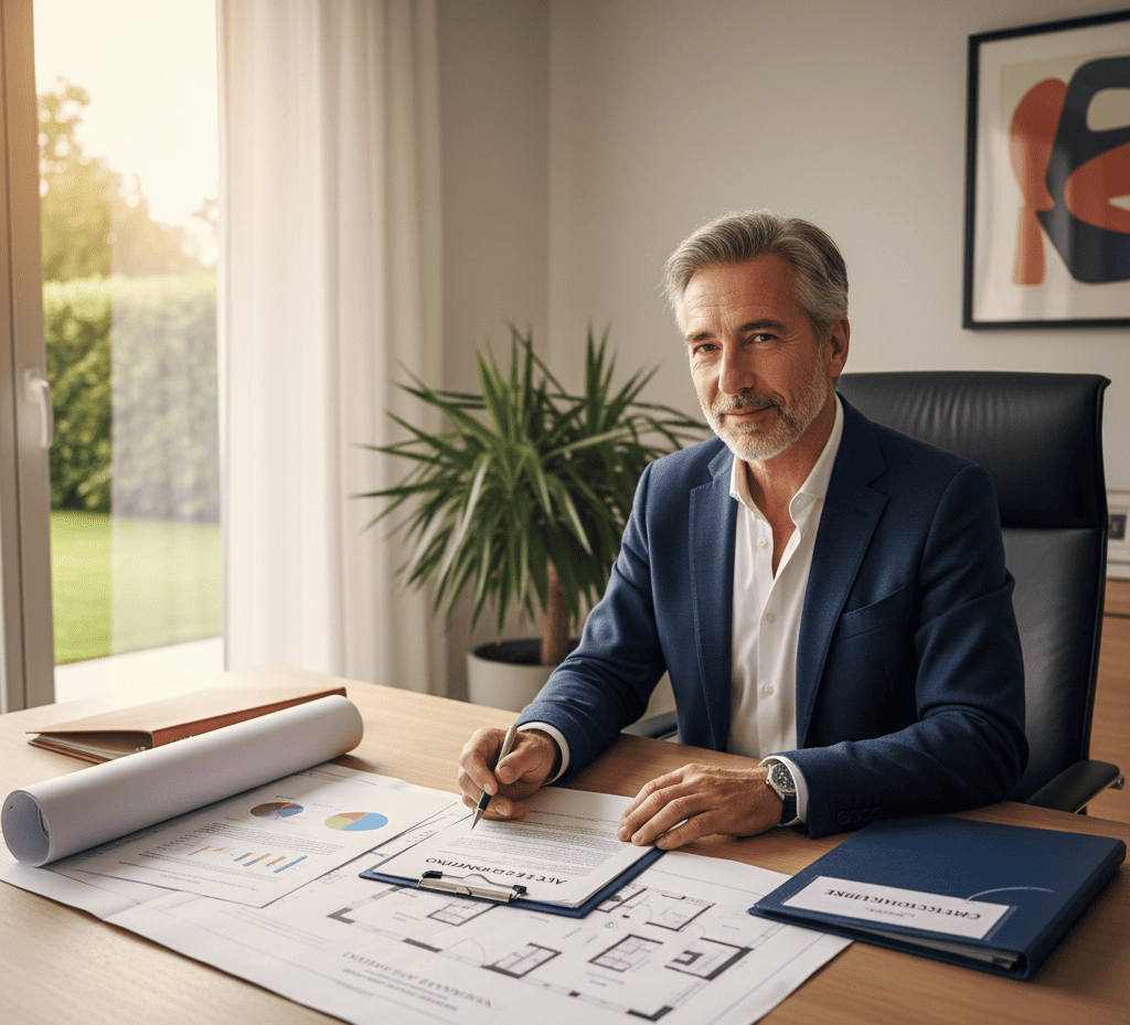 Propriétaire utilisant un prêt hypothécaire pour réaliser une donation, avec documents et plan immobilier sur la table.