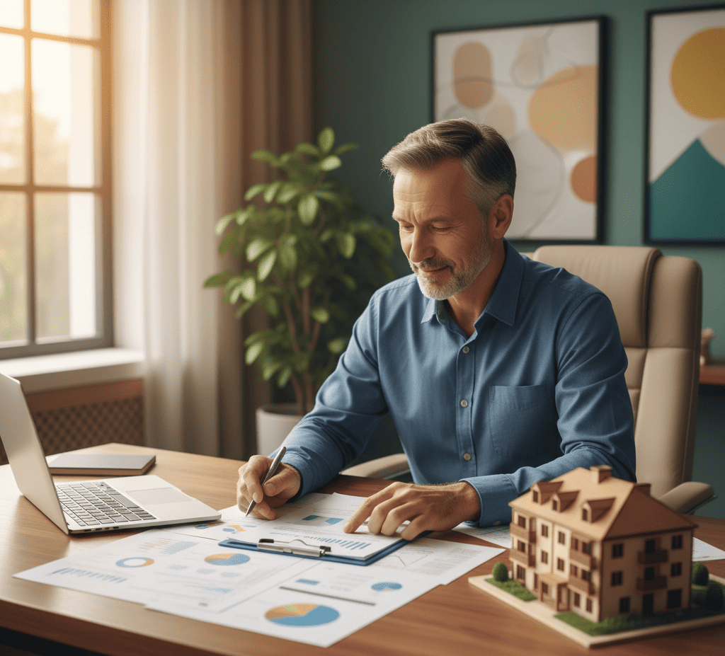Propriétaire utilisant un prêt hypothécaire pour financer un investissement locatif, avec documents financiers et maquette de maison sur le bureau.