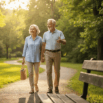 Couple de retraités souriants et actifs se promenant main dans la main dans un parc verdoyant, symbolisant la liberté financière offerte par un prêt hypothécaire pour retraités, photo réaliste haute résolution.