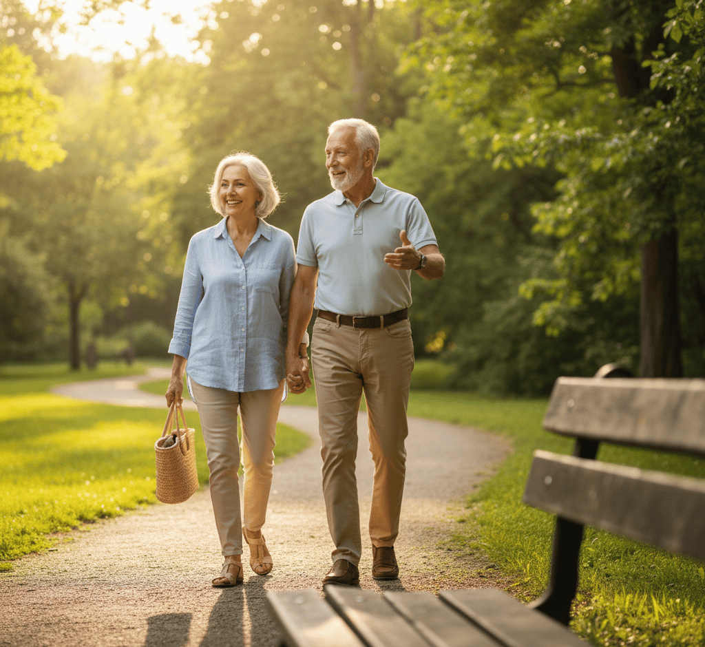 Couple de retraités souriants et actifs se promenant main dans la main dans un parc verdoyant, symbolisant la liberté financière offerte par un prêt hypothécaire pour retraités, photo réaliste haute résolution.