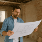 Homme consultant un plan de rénovation dans une maison en travaux, illustrant le concept de prêt hypothécaire pour financer de gros travaux.