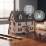 Miniature de maison sur un bureau avec calculette, graphique et plans flottants, illustrant comment hypothéquer pour obtenir des liquidités.