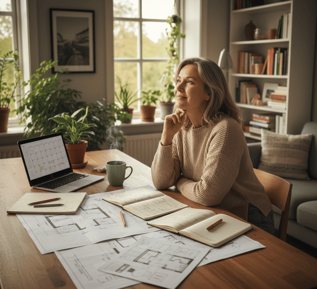 Personne examinant des documents et un ordinateur pour un prêt de trésorerie hypothécaire, entourée d’éléments de planification financière sur un bureau.