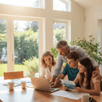 Famille consultant des dossiers d'admission universitaire sur un ordinateur portable dans une maison lumineuse illustrant le fait de financer des études supérieures avec le prêt hypothécaire