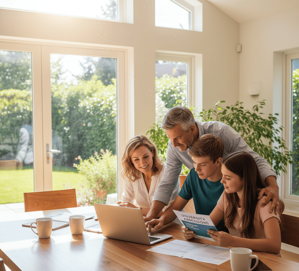 Famille consultant des dossiers d'admission universitaire sur un ordinateur portable dans une maison lumineuse illustrant le fait de financer des études supérieures avec le prêt hypothécaire