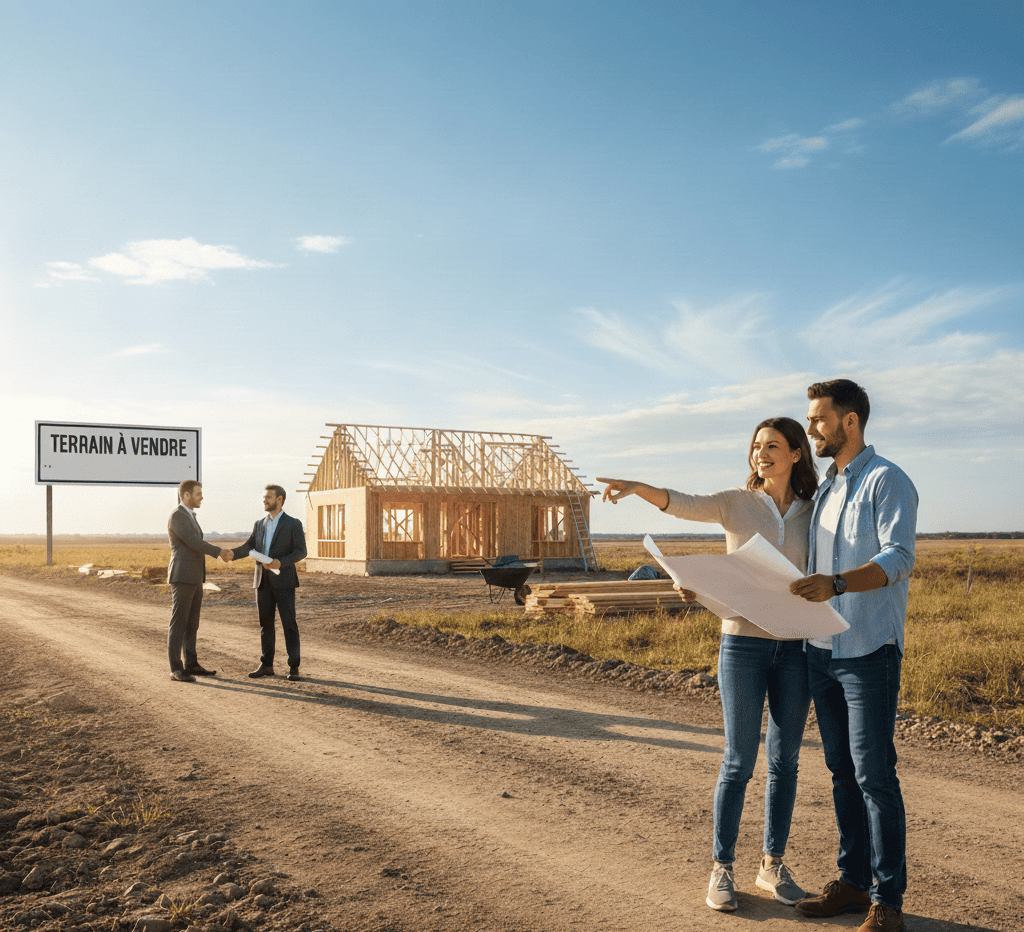 Un couple souriant regardant un terrain à vendre avec une maison en construction au fond, symbolisant l'achat d'un terrain grâce au prêt hypothécaire.