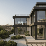 Vue extérieure élégante et moderne d'une résidence européenne contemporaine, baignée de lumière naturelle. L'architecture épurée et le design paysager minimaliste mettent en valeur un bien de prestige, idéal pour une acquisition en Europe