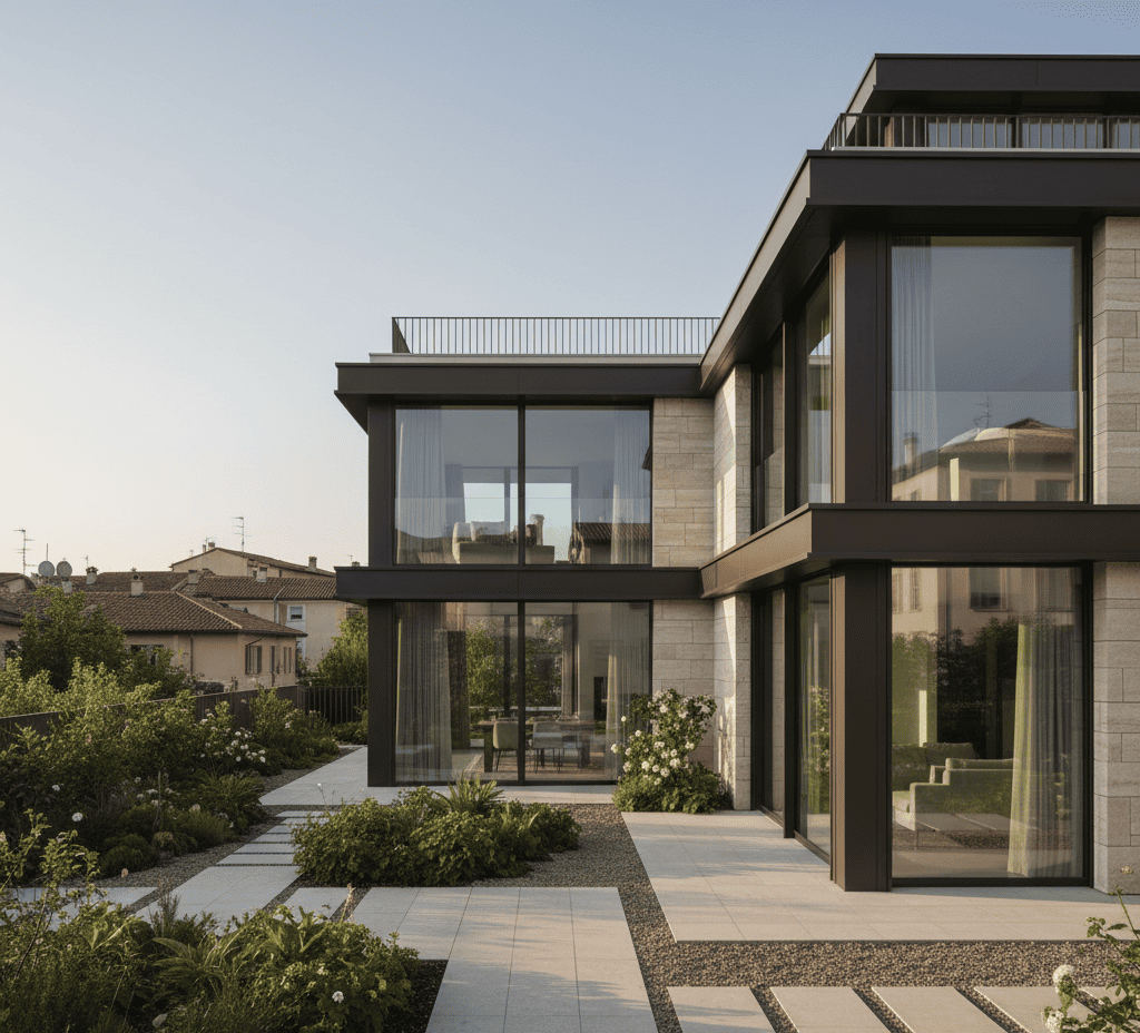 Vue extérieure élégante et moderne d'une résidence européenne contemporaine, baignée de lumière naturelle. L'architecture épurée et le design paysager minimaliste mettent en valeur un bien de prestige, idéal pour une acquisition en Europe