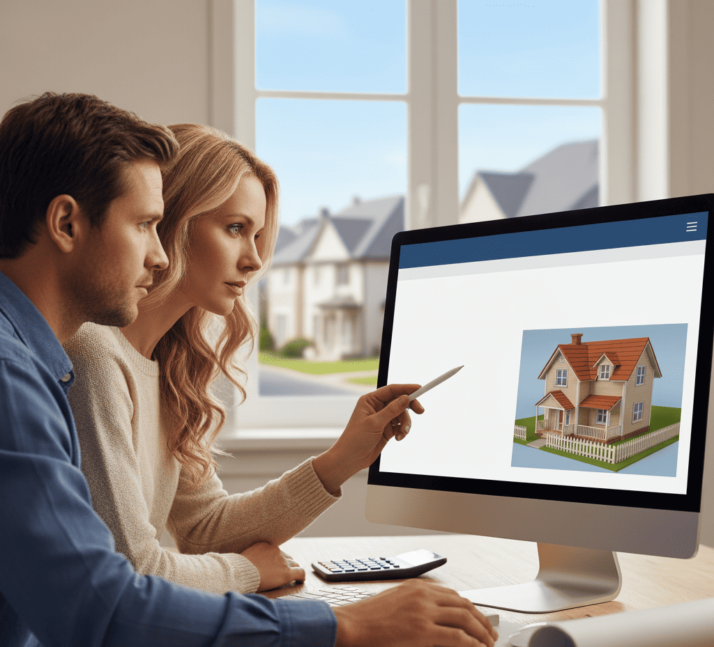 Image d'un couple concentré devant un ordinateur, simulant un calcul prêt hypothécaire, avec un modèle de maison affiché à l'écran et en arrière-plan.
