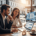 Un couple d'entrepreneurs souriants et actifs, travaillant ensemble sur un ordinateur portable dans un café lumineux. Une petite maquette de maison illuminée est posée sur la table à côté d'eux, symbolisant le patrimoine mis à profit. Un graphique abstrait en 3D représentant un bâtiment commercial flotte à côté de l'écran, illustrant comment les idées de financement, comme Financer une création d’entreprise grâce à un prêt hypothécaire, prennent forme. L'atmosphère est dynamique, moderne et collaborative.