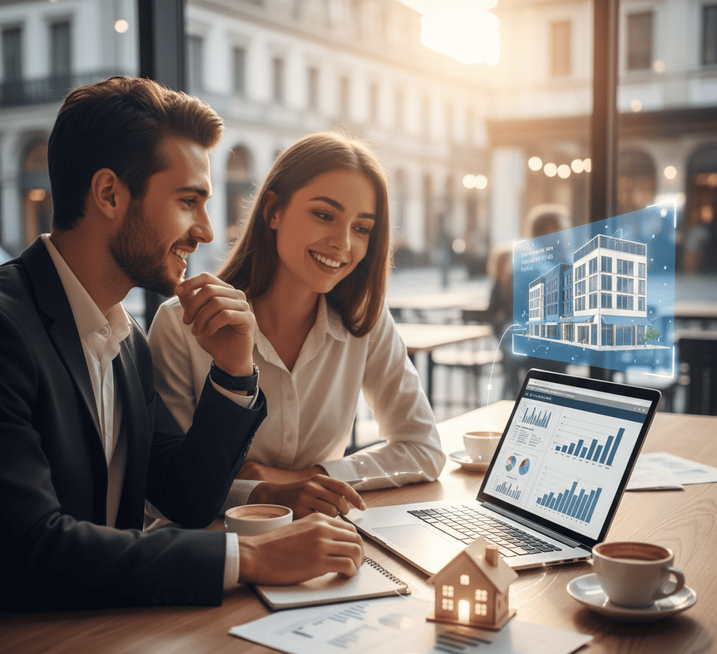 Un couple d'entrepreneurs souriants et actifs, travaillant ensemble sur un ordinateur portable dans un café lumineux. Une petite maquette de maison illuminée est posée sur la table à côté d'eux, symbolisant le patrimoine mis à profit. Un graphique abstrait en 3D représentant un bâtiment commercial flotte à côté de l'écran, illustrant comment les idées de financement, comme Financer une création d’entreprise grâce à un prêt hypothécaire, prennent forme. L'atmosphère est dynamique, moderne et collaborative.