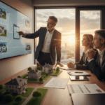 Un conseiller immobilier expérimenté pointe un écran affichant plusieurs propriétés, expliquant des stratégies d'investissement à un couple attentif. Des maquettes de maisons sont disposées sur la table devant eux, symbolisant un portefeuille immobilier diversifié. L'image illustre clairement comment on peut Prêt hypothécaire : emprunter en utilisant plusieurs propriétés pour optimiser ses finances. L'ambiance est professionnelle, éclairée par la lumière du soleil couchant sur un paysage urbain.