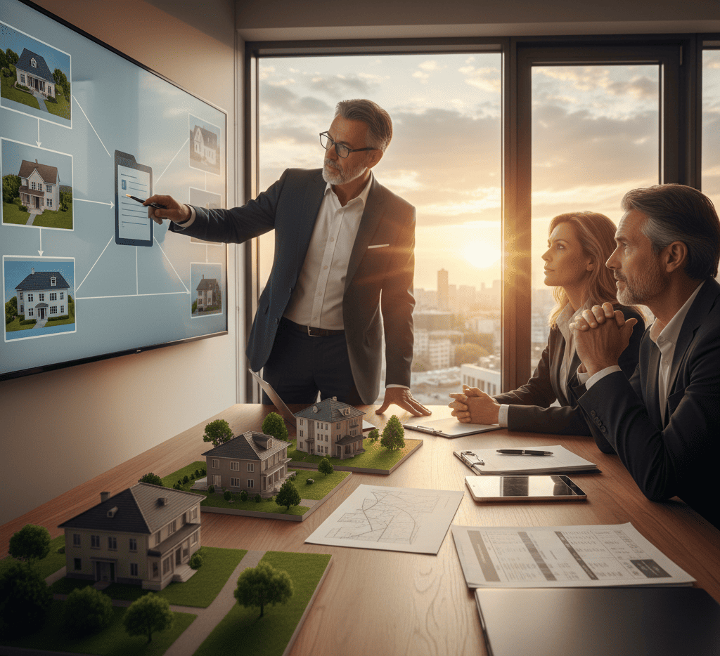 Un conseiller immobilier expérimenté pointe un écran affichant plusieurs propriétés, expliquant des stratégies d'investissement à un couple attentif. Des maquettes de maisons sont disposées sur la table devant eux, symbolisant un portefeuille immobilier diversifié. L'image illustre clairement comment on peut Prêt hypothécaire : emprunter en utilisant plusieurs propriétés pour optimiser ses finances. L'ambiance est professionnelle, éclairée par la lumière du soleil couchant sur un paysage urbain.