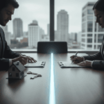 Deux personnes en costume, assises de chaque côté d'une table, signent des documents importants. Une maquette de maison et des clés sont posées sur la table, symbolisant les décisions immobilières. Une ligne lumineuse au centre de la table évoque une séparation ou un accord. L'image illustre le concept d'Utiliser un prêt hypothécaire pour financer un divorce en se concentrant sur les aspects transactionnels et de partage des biens.