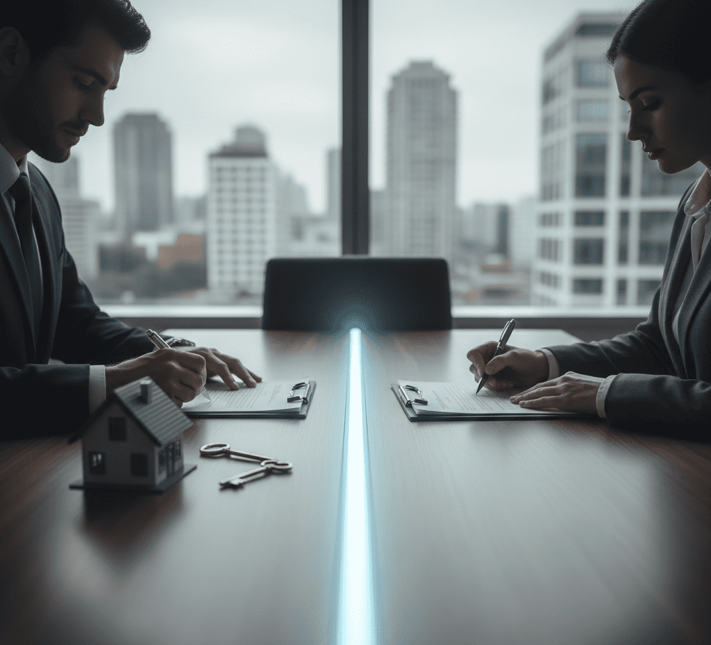 Deux personnes en costume, assises de chaque côté d'une table, signent des documents importants. Une maquette de maison et des clés sont posées sur la table, symbolisant les décisions immobilières. Une ligne lumineuse au centre de la table évoque une séparation ou un accord. L'image illustre le concept d'Utiliser un prêt hypothécaire pour financer un divorce en se concentrant sur les aspects transactionnels et de partage des biens.