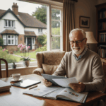 Un senior souriant consulte des documents financiers sur le prêt viager hypothécaire à une table dans une maison