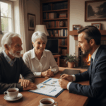 Un couple de personnes âgées souriantes est assis à une table dans leur maison chaleureuse, face à un conseiller financier en costume. Le conseiller pointe du doigt un document avec des graphiques. Sur la table se trouvent des tasses de thé. L'image illustre un rendez-vous pour monétiser son bien immobilier à la retraite, mettant en scène la consultation d'experts pour optimiser les actifs immobiliers