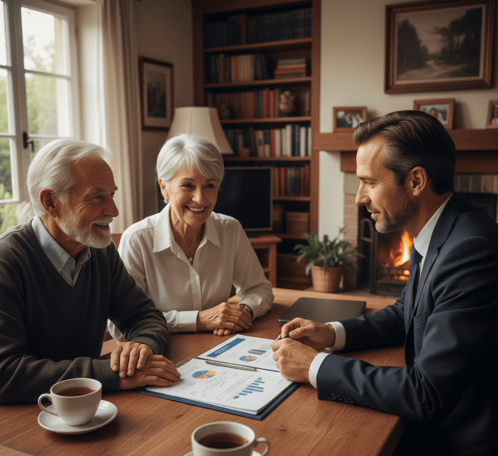 Un couple de personnes âgées souriantes est assis à une table dans leur maison chaleureuse, face à un conseiller financier en costume. Le conseiller pointe du doigt un document avec des graphiques. Sur la table se trouvent des tasses de thé. L'image illustre un rendez-vous pour monétiser son bien immobilier à la retraite, mettant en scène la consultation d'experts pour optimiser les actifs immobiliers