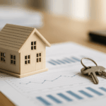 modèle miniature maison et clé posés sur un graphique prêt hypothécaire amortissable