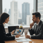 Un client attentif consulte une conseillère financière qui lui montre des graphiques sur une tablette. Ils discutent probablement de stratégies financières liées à un prêt hypothécaire et succession, dans un bureau moderne avec une vue sur la ville.