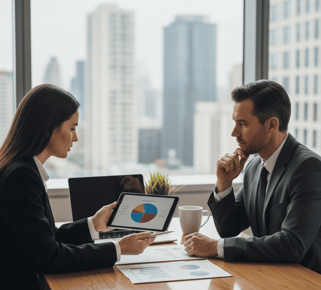 Un client attentif consulte une conseillère financière qui lui montre des graphiques sur une tablette. Ils discutent probablement de stratégies financières liées à un prêt hypothécaire et succession, dans un bureau moderne avec une vue sur la ville.