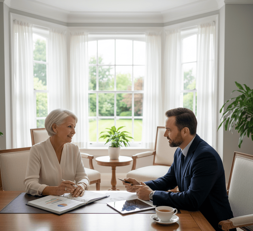 Une femme senior et un conseiller financier sont assis face à face à une table en bois, discutant de prêt hypothécaire transmettre son patrimoine dans un intérieur lumineux avec vue sur un jardin.