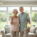 Un couple senior souriant et confiant, se tenant dans leur salon lumineux, la femme tenant une clé de maison. Des icônes lumineuses, une maison et un graphique en hausse flottent autour d'eux, symbolisant les opportunités de prêt hypothécaire après 70 ans L'image dégage une atmosphère de sérénité et de sécurité financière.