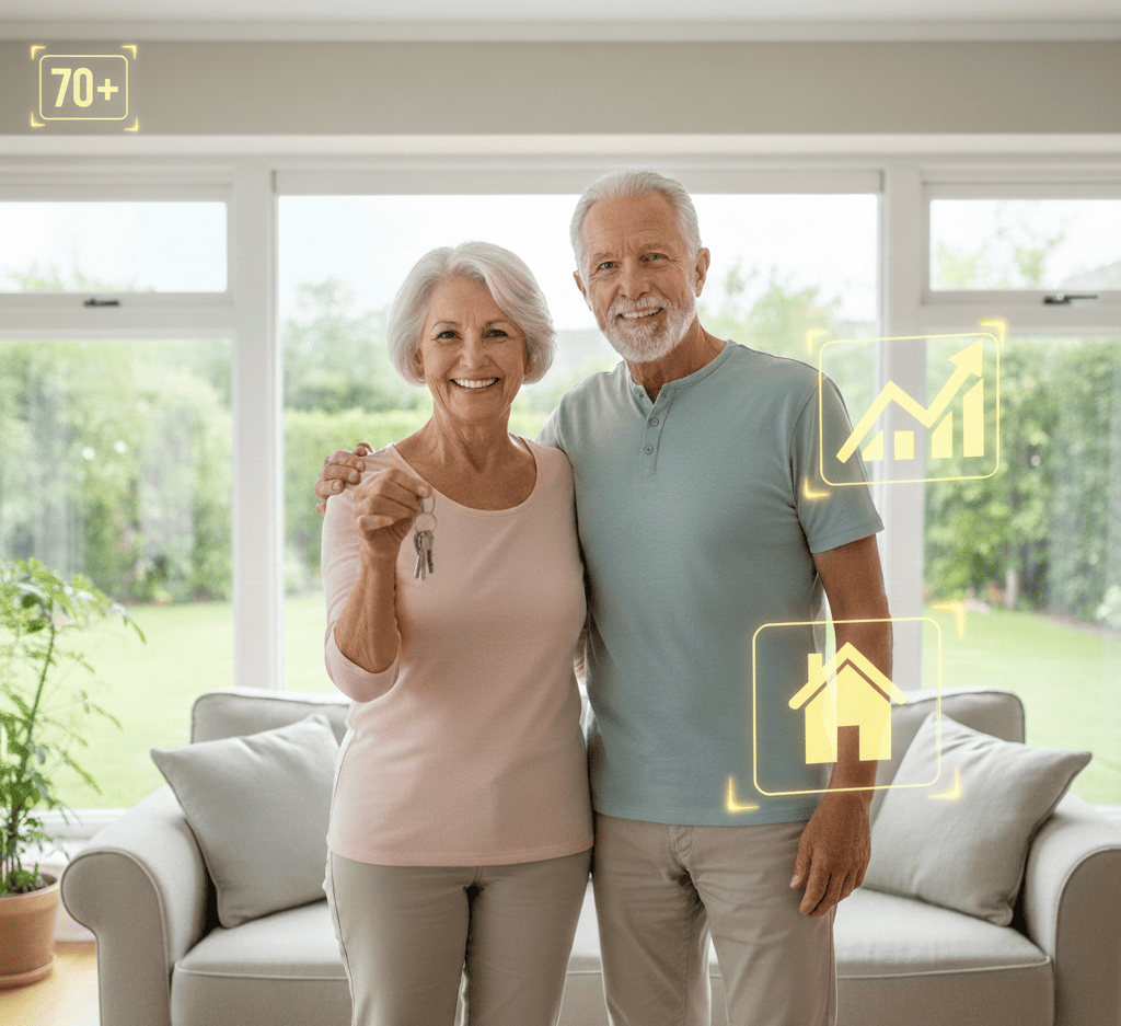 Un couple senior souriant et confiant, se tenant dans leur salon lumineux, la femme tenant une clé de maison. Des icônes lumineuses, une maison et un graphique en hausse flottent autour d'eux, symbolisant les opportunités de prêt hypothécaire après 70 ans L'image dégage une atmosphère de sérénité et de sécurité financière.