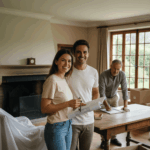 🖼️ Description ALT pour votre Image Un jeune couple souriant, tenant des clés et des plans, se trouve dans un salon traditionnel avec un homme d'âge mûr en arrière-plan consultant des documents. La pièce est en cours d'emménagement, avec des meubles recouverts et des cartons. L'image évoque la joie et l'étape importante du financement d'un nouvel achat via un Prêt hypothécaire résidence principale, dans une atmosphère authentique et chaleureuse.