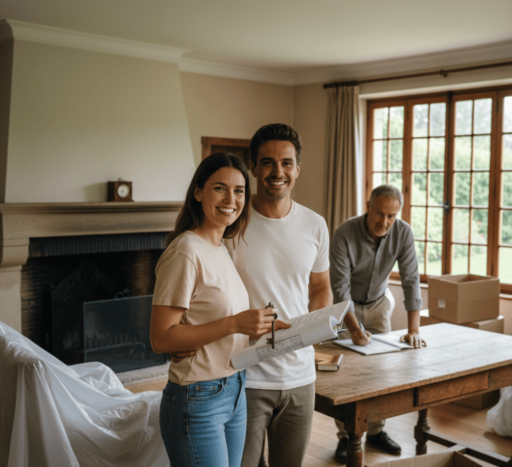 🖼️ Description ALT pour votre Image Un jeune couple souriant, tenant des clés et des plans, se trouve dans un salon traditionnel avec un homme d'âge mûr en arrière-plan consultant des documents. La pièce est en cours d'emménagement, avec des meubles recouverts et des cartons. L'image évoque la joie et l'étape importante du financement d'un nouvel achat via un Prêt hypothécaire résidence principale, dans une atmosphère authentique et chaleureuse.