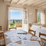 Documents financiers (feuilles de calcul, rapports) et tablette posés sur une table en bois dans le salon lumineux d'une maison de vacances en France (vue sur un jardin ou un paysage typique). L'image évoque le prêt hypothécaire pour acquisition résidence secondaire