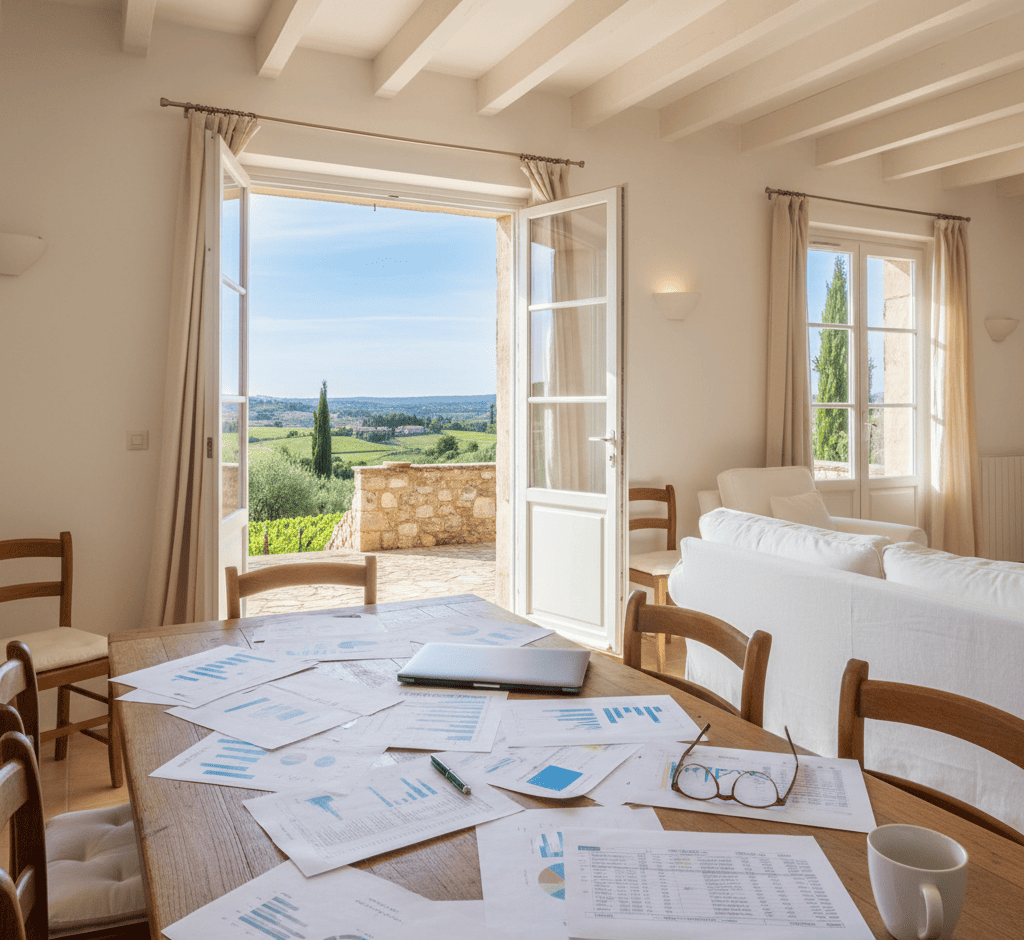 Documents financiers (feuilles de calcul, rapports) et tablette posés sur une table en bois dans le salon lumineux d'une maison de vacances en France (vue sur un jardin ou un paysage typique). L'image évoque le prêt hypothécaire pour acquisition résidence secondaire