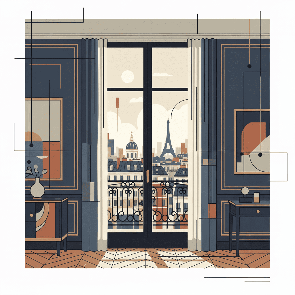 Illustration abstraite et moderne d'un appartement avec une vue stylisée sur les toits de Paris. Des formes géométriques et des couleurs chaudes évoquent la valeur et la stabilité du bien immobilier, représentant le concept de prêt patrimonial sur valeur immobilière.