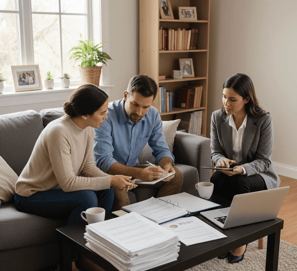 conseiller présentant un prêt personnel hypothécaire à des emprunteurs