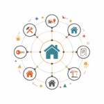 Illustration abstraite et colorée représentant un réseau interconnecté d'icônes circulaires autour d'une icône de maison centrale. Chaque icône périphérique symbolise un projet immobilier (rénovation, construction, acquisition,), suggérant la diversité des options impactées par les taux prêt hypothécaire 2025.