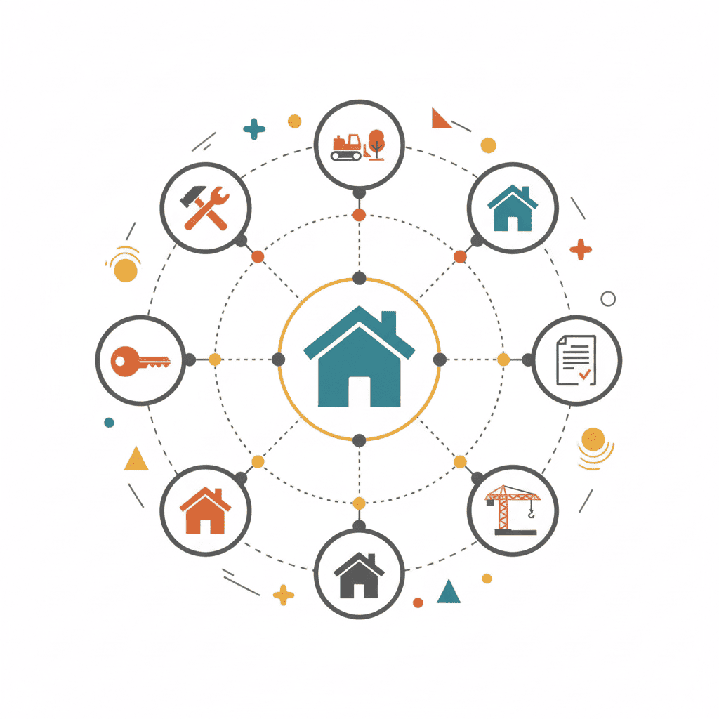Illustration abstraite et colorée représentant un réseau interconnecté d'icônes circulaires autour d'une icône de maison centrale. Chaque icône périphérique symbolise un projet immobilier (rénovation, construction, acquisition,), suggérant la diversité des options impactées par les taux prêt hypothécaire 2025.