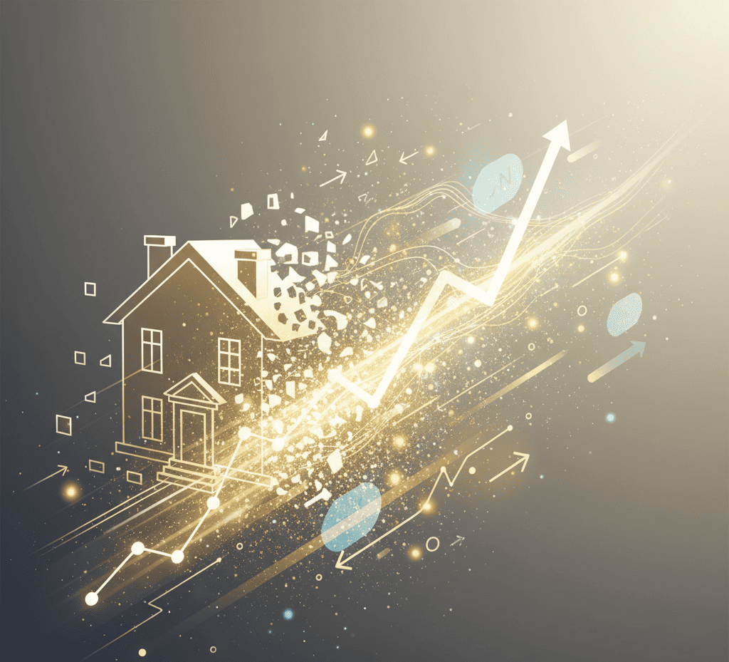 Graphique abstrait d'une maison se transformant en flux lumineux et ascendant, pour le thème "transformer son patrimoine en liquidités".