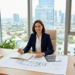 Femme professionnelle examinant des plans immobiliers à son bureau, illustration pour le prêt hypothécaire pour professionnels.