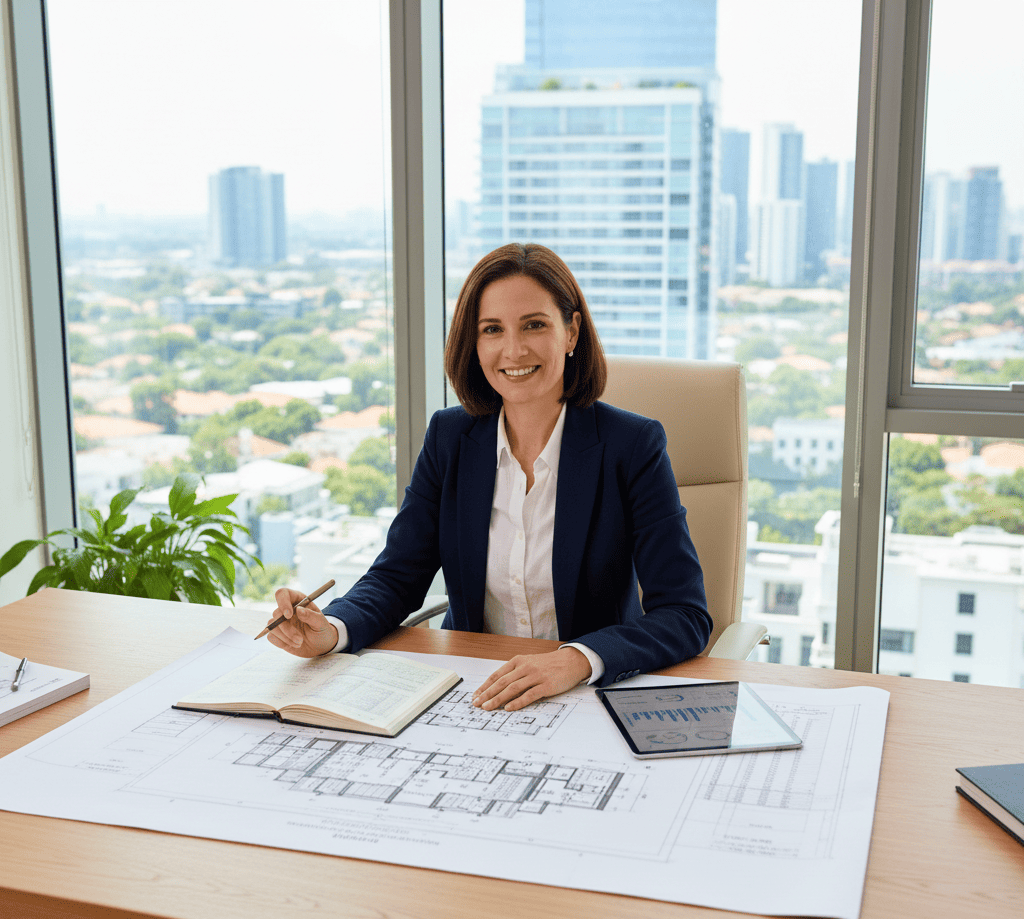 Femme professionnelle examinant des plans immobiliers à son bureau, illustration pour le prêt hypothécaire pour professionnels.