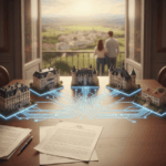 llustration schématique des différents types de biens en garantie pour un prêt hypothécaire (maison, immeuble, appartement, etc.) connectés symboliquement à un accord de garantie ou à un cadenas.